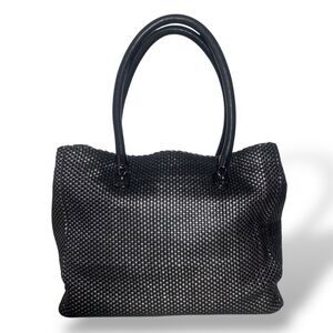 Cole Haan Genuine Leather Woven Black Silver Bag Tote Double Handle 13 x 11 x 6"